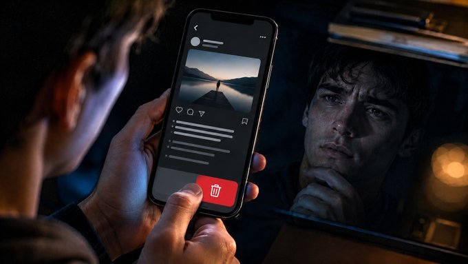 A person holds a smartphone displaying a social media post with a delete button prominently highlighted in red, while a pensive man looks on through a window. The image visually reinforces the post's theme of considering deleting a submission that felt "perfectly forgettable," capturing that moment of hesitation between hitting the trash icon and posting anyway.