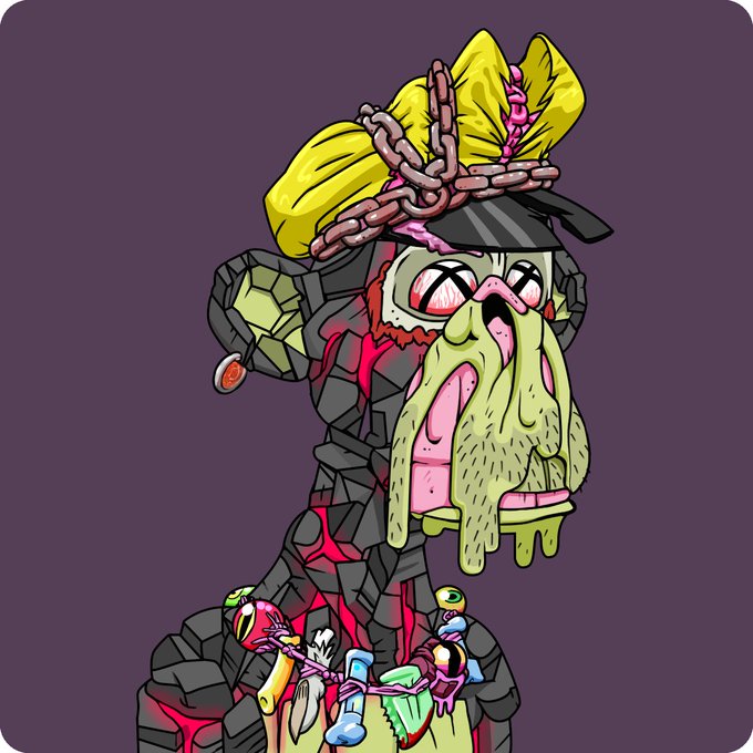 A grotesque cartoon pirate character with a melting green face, chained yellow bag on his head, and stone armor featuring various eye and tongue characters.