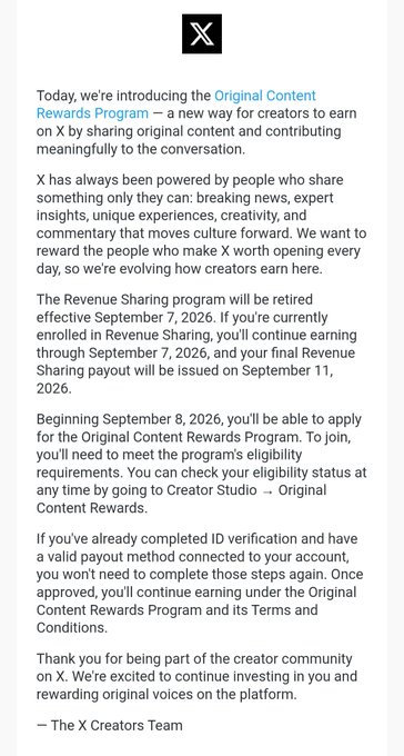 A screenshot of an announcement from X (formerly Twitter) introducing the 'Original Content Rewards Program,' explaining that the Revenue Sharing program will be retired effective September 7, 2026, and detailing the new program's launch on September 8, 2026.