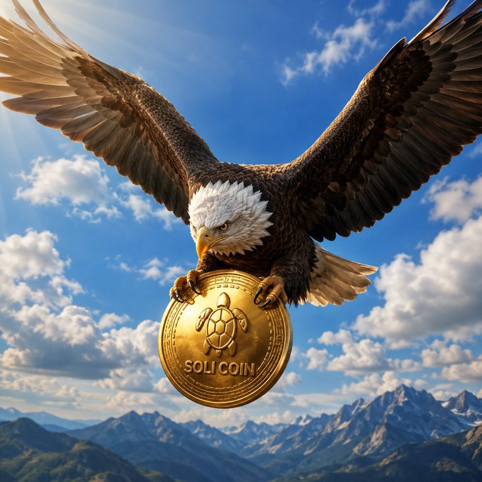A majestic bald eagle soars through a cloudy sky with outstretched wings, clutching a golden "SOLI COIN" emblazoned with a turtle emblem against a mountainous backdrop. The image powerfully reinforces the post's message of vision and conviction, depicting the eagle as a symbol of foresight while the turtle on the coin reflects the steady, patient holding strategy central to the $SOLI community.