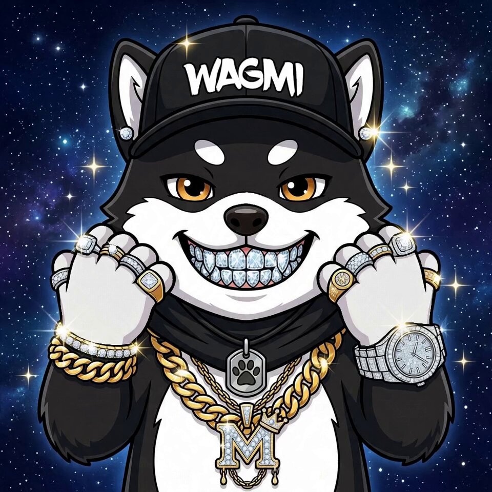 The image features a cartoon dog wearing a hat and holding a chain necklace adorned with gold chains and a pendant featuring an M. The dog's mouth is open wide, giving off a happy vibe as if it's smiling or laughing. The background of the image is filled with stars, creating a sense of space and wonder. The caption below the image reads: "MAME INU is steadily moving closer to the launch of its MAME token, carrying with it high expectations from the community."