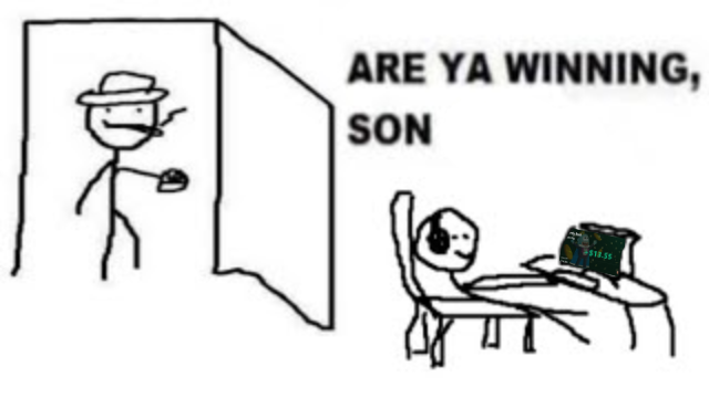 Black and white line drawing meme showing a stick figure smoking outside a building asking 'ARE YA WINNING, SON' to another stick figure playing video games at a desk.