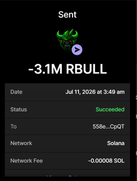 A screenshot of a completed Solana transaction showing a "Sent" status of -3.1M $RBULL to address 558e...CpQT on July 11, 2026, with a network fee of ~0.00008 SOL, confirming the purchase advertised in the post.