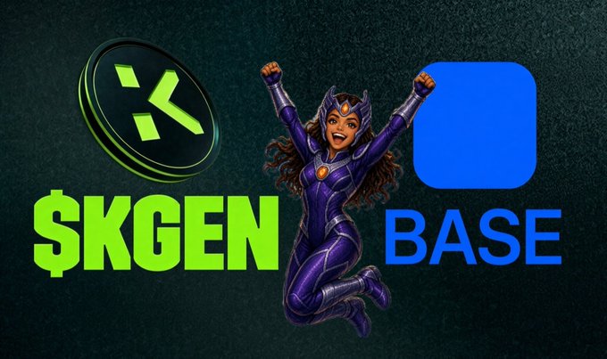 A triumphant female superhero in armor poses energetically between the green "$KGEN" coin logo and the blue "BASE" square logo, symbolizing KGeN's launch on the Base blockchain. The image visually celebrates the expansion of $KGEN to the Base network as noted in the accompanying post.