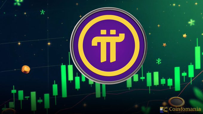 The image showcases the Pi cryptocurrency logo prominently centered, with green candlestick charts in the background illustrating market activity, aligning with the post's discussion of a more active Pi economy. The "Coinfomania" watermark in the bottom right corner identifies the source of the graphic.