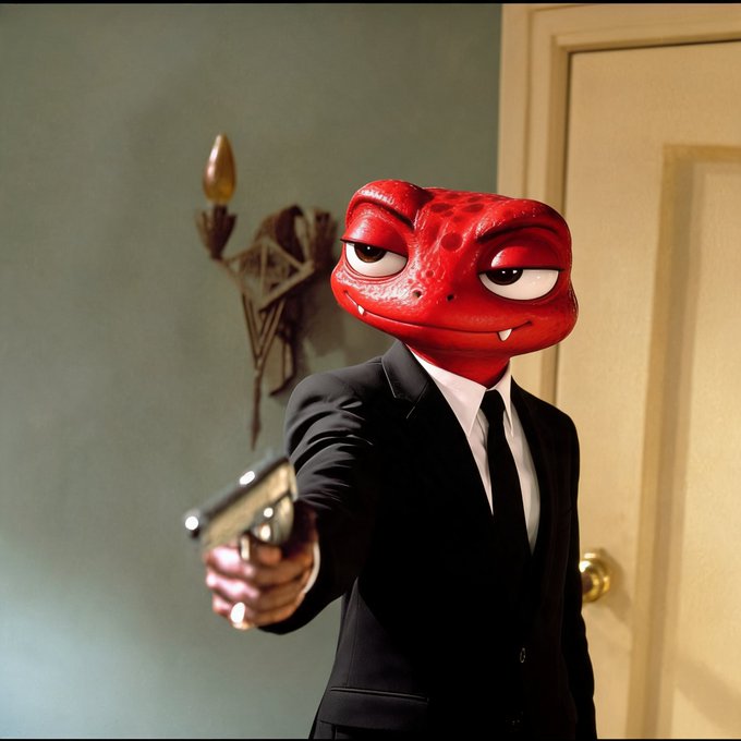 A red, cartoon-like reptilian head on a human body wearing a black suit points a silver handgun directly at the camera.