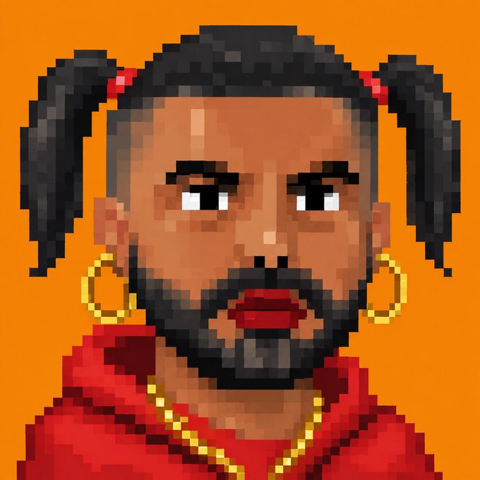 A pixel art portrait of a bearded man with pigtails, gold hoop earrings, and a red shirt on an orange background.