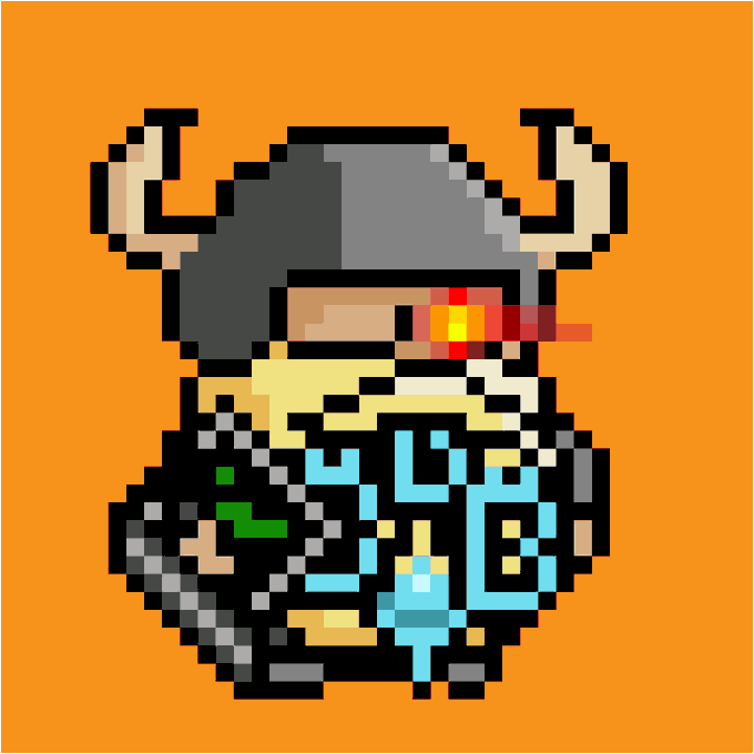 The image features a cartoon character with horns, dressed as a Viking warrior wearing a helmet and goggles. The character has a sword in its hand and is standing against an orange background. The caption below the image reads "Tiny Satoshi leaves my wallet for a couple days and he'r already making moves." This suggests that Tiny Satoshi might be involved in some sort of activity or game, possibly related to the post about Tiny Satoshi leaving his wallet for two days while he's away from home.

The character is wearing a tie with blue and green colors, which adds to its Viking theme. The image also includes a small watermark at the bottom that reads "sa_1896".