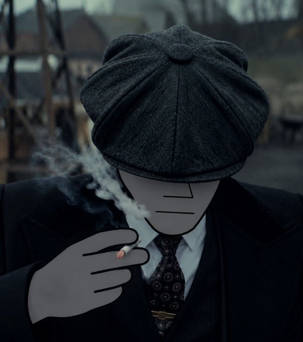 A stylized cartoon-faced figure in a gray flat cap, dark suit, and patterned tie smokes a cigarette with smoke curling up, fitting the "$NPC" (non-player character) reference in the post as the user humorously portrays themselves as an NPC following the crowd.