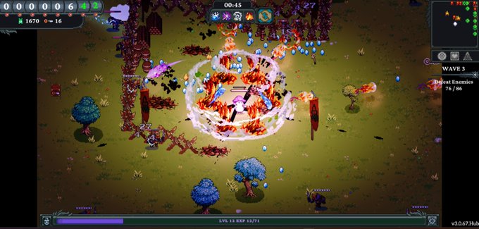 A screenshot of a top-down roguelike video game showing intense combat with fire effects, blue projectiles, and enemy creatures, displaying HUD elements including Wave 3, 76/86 enemies, level 13, and various game stats.