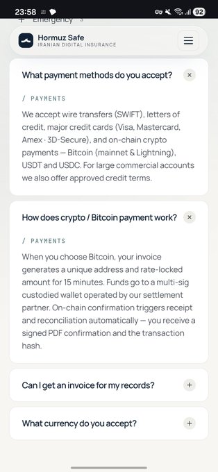 The image shows a phone screen displaying an app called "Hormuz Safe", which offers maritime insurance services from Iran. The app has a question box asking about payment methods, and one of the options provided is Bitcoin. The text on the screen indicates that the app accepts Bitcoin payments for its services.