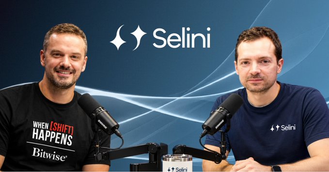 Two men sit at a podcast setup with microphones in front of a "Selini" branded background; the man on the left wears a black "When [shift] happens, Bitwise" t-shirt.