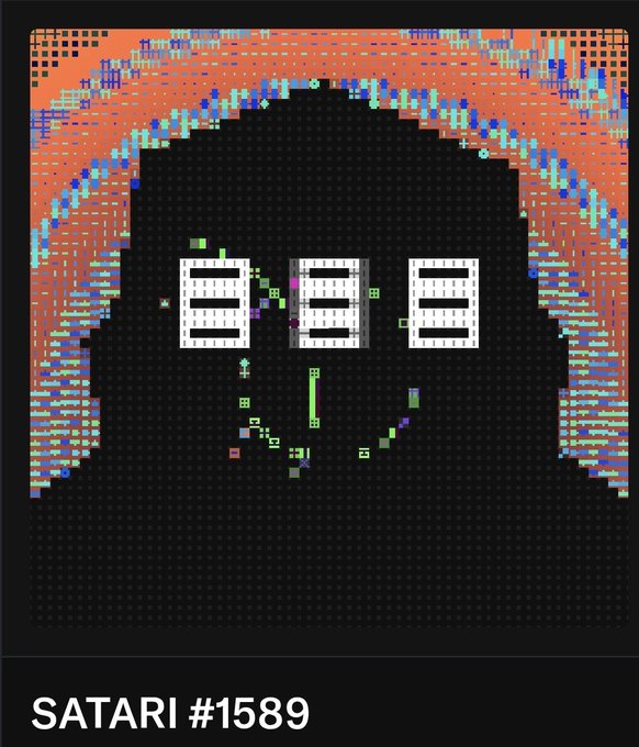 A pixelated/glitch-style digital artwork with an orange, blue, and green distorted border framing a black center, featuring three white grid-like rectangles and labeled "SATARI #1589" at the bottom.