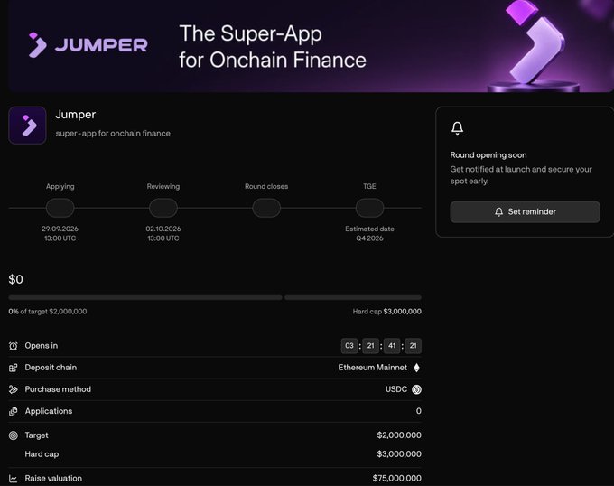Screenshot of a Jumper fundraising page titled 'The Super-App for Onchain Finance' showing a timeline with Applying, Reviewing, Round closes, and TGE stages, with details like USDC purchase on Ethereum Mainnet, a $2M target, $3M hard cap, and $75M raise valuation.