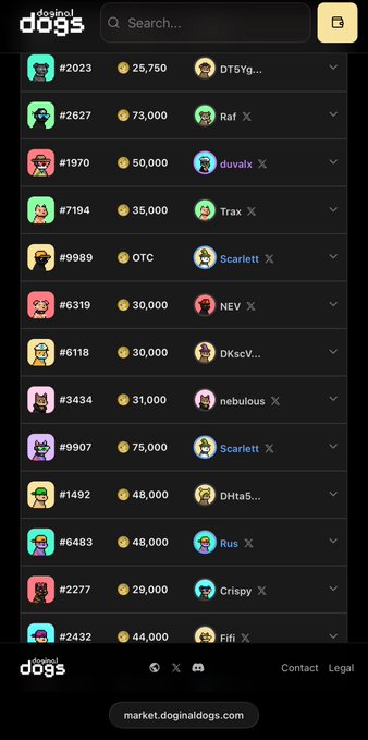 A screenshot from market.doginaldogs.com displaying a marketplace listing of Doginal Dogs NFT #2023 (and others) with their rank numbers, prices in DOGS coins (ranging from 29,000 to 75,000), and usernames like DTsYg..., Raf, duvalx, Trax, and Scarlett. The listings support the post's call to action urging users to quickly purchase Doginal Dogs before they sell out.