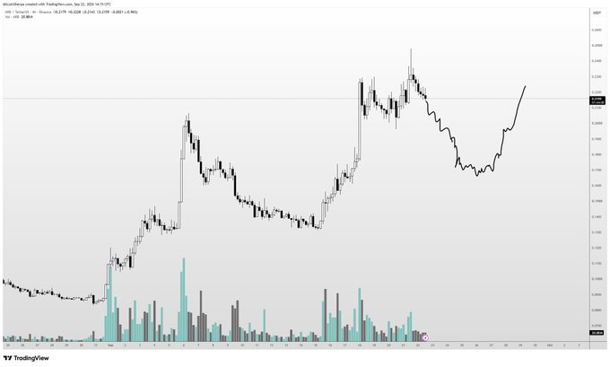 A TradingView chart displays daily price action for ENA on the ENA/USD pair, showing a volatile trend from June through September 2024, with notable peaks around 0.250 and recent consolidation near 0.221. The chart illustrates the "pause" and potential rounded bottom formation referenced in the post, highlighting where a dip could present a buying opportunity.