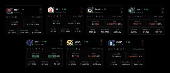 A dashboard displays seven Solana ecosystem meme coins—MET, BP, SANC, JUP, RAY, ORCA, and KMNO—with their prices ranging from $0.047614 to $1.21 USD and FDV values between $1.16B and $476.17M, illustrating the notable gains referenced in the post about recent purchases in the Solana ecosystem.