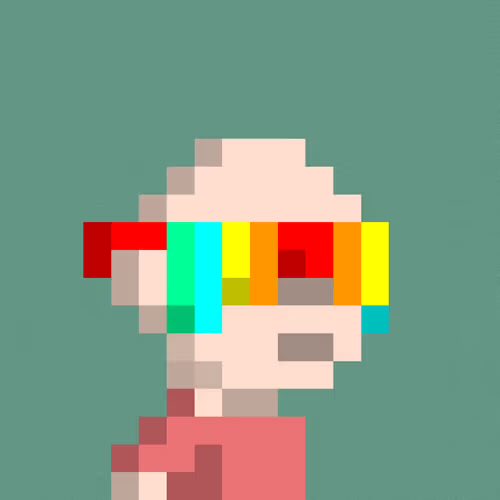 A pixel art character with a light skin tone wears colorful, rainbow-tinted sunglasses and a red shirt against a solid teal background.
