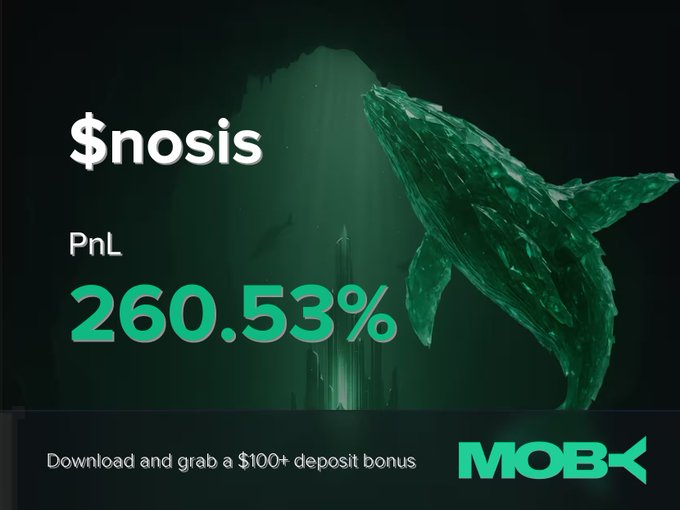 A Moby promotional graphic displays a "Win Alert" for the token $nosis, highlighting a trader's closed position with a PnL of +260.53% in bold green text. The underwater scene features a geometric whale alongside a $100+ deposit bonus call-to-action, emphasizing the token's significant growth from $88.46K to $2.44M market cap.