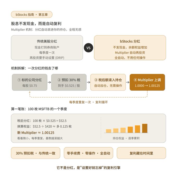 A Chinese-language infographic explaining bStocks dividend mechanisms, comparing traditional US stock dividends with bStocks automatic compounding through Multiplier reinvestment.