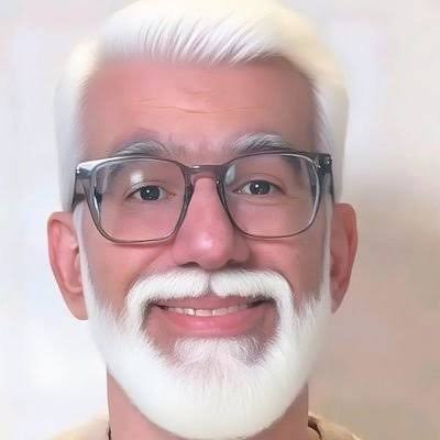 A close-up portrait of an older man with white hair, a white beard, and clear-framed glasses, smiling warmly. The image personalizes the post, humanizing the speaker as they explain their strategy of mixing crypto content with Pi-related posts to avoid algorithmic penalties on X.