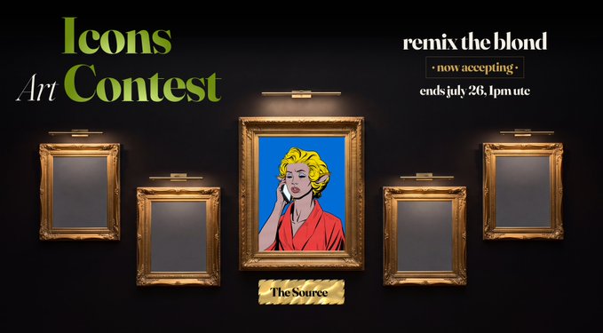 An 'Icons Art Contest' promotional graphic featuring a framed pop art portrait of a blonde woman with the text 'remix the blond', 'now accepting', 'ends July 26, 1pm utc', and 'The Source'.