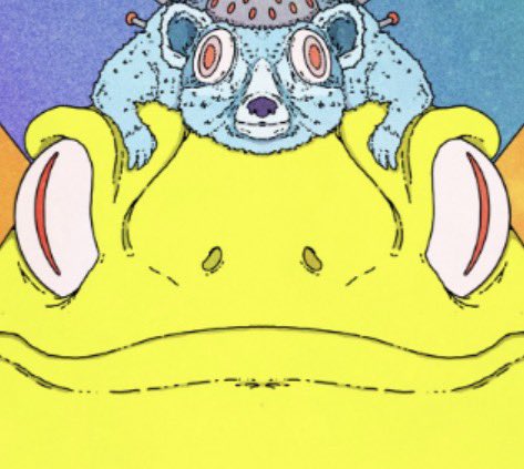 A surreal illustration showing a blue bear-like creature perched on top of a large yellow frog face.