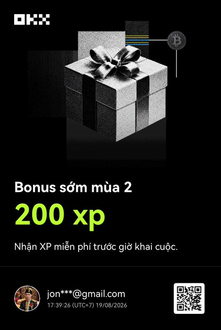 An OKX promotional graphic offering a 'Bonus săm mùa 2' of 200 XP before the start of the event, with an email jon.***@gmail.com and a timestamp of 17:39:26 (UTC+7) 19/08/2026.