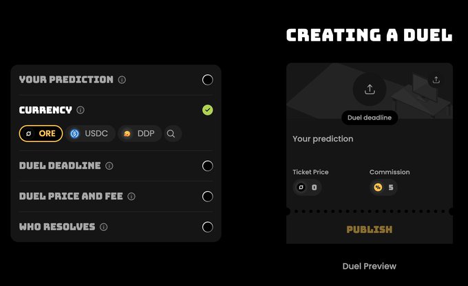 The image shows a computer screen displaying a page about creating a duel, which includes a list of options for creating a duel using different currency types such as USDC, DPO, and DGP. The screen also has a button that says "duel" on top, indicating that the user can select this option to create a duel. Additionally, there is a text box below the duel button that reads "btw you can duel with urduck.com". This suggests that the user might be able to duel using USDC or DPO currency types from the website Urduck.com.