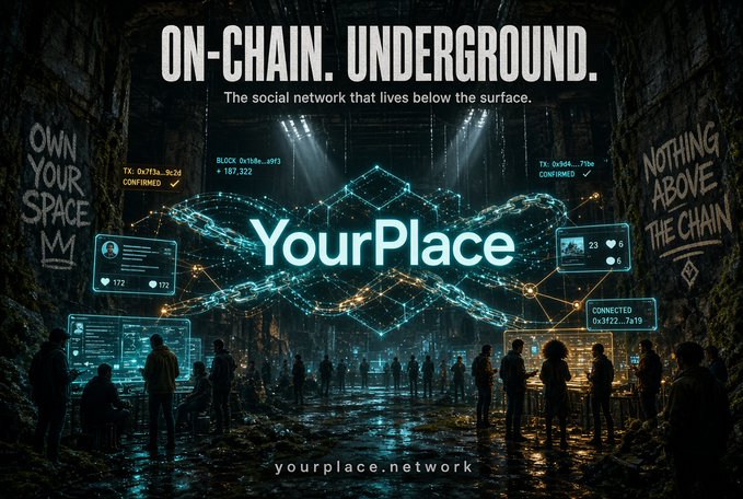 A dark, atmospheric promotional graphic for YourPlace reads "ON-CHAIN. UNDERGROUND. The social network that lives below the surface," featuring silhouetted figures and blockchain-style graphics with the website "yourplace.network."