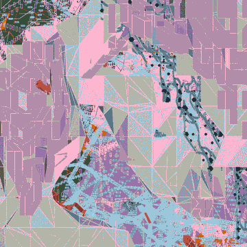 An abstract digital artwork featuring geometric shapes in pastel pink, purple, and light blue tones with dark splatter details.