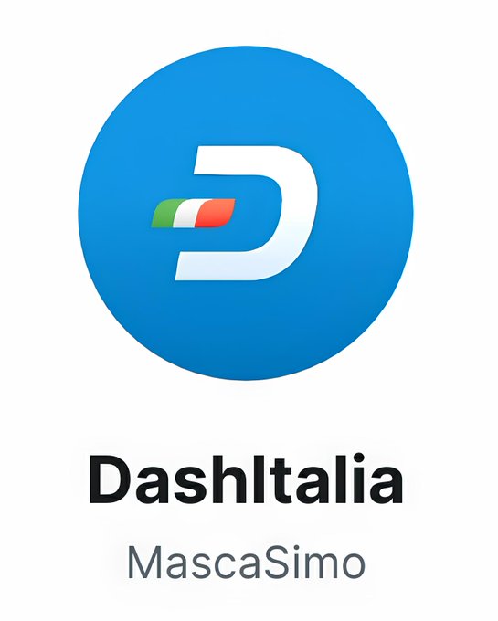 The image shows a logo for "DashItalia" by MascaSimo, featuring a stylized "D" with Italian flag colors inside a blue circle, which corresponds to the post's mention of the @Dashpay Italia community.