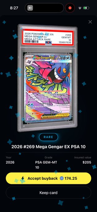A mobile app screen displaying a graded 2026 Pokemon card 'Mega Gengar ex' PSA 10, valued at $205, with options to 'Accept buyback' for 174.25 or 'Keep card'.