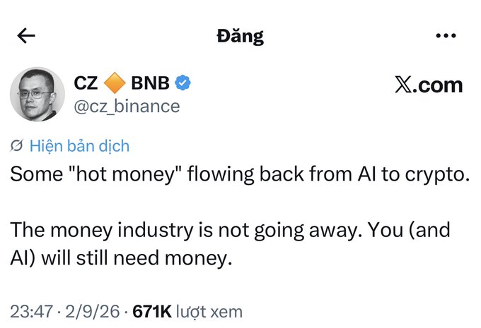 A screenshot of a tweet from CZ (@cz_binance), founder of Binance, posted on 2/9/26, reads: "Some 'hot money' flowing back from AI to crypto. The money industry is not going away. You (and AI) will still need money," with 671K views. The post relates to the image by sharing CZ's perspective on capital rotation from AI back into the crypto sector.