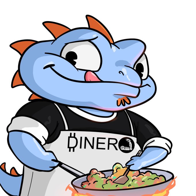 A cheerful blue dinosaur mascot wearing a "DINERO" apron cooks a pan of food over a flame, playfully illustrating the post's reference to "Dinny" cooking non-stop since joining Dinero.