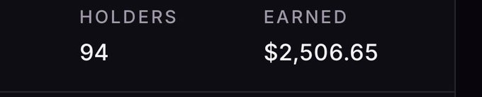 A dark screen displaying statistics with the text 'HOLDERS 94' and 'EARNED $2,506.65'.