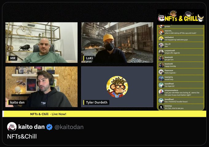 The image shows a computer screen displaying four different screens with various people's faces on them. The first screen has two men, the second screen has three men, and the third screen has one man wearing a yellow hat. The fourth screen displays a cartoon character in a funny pose. The background of each screen is black, making it easy to focus on the content displayed.

The post reads: "NFTs&Chill, we are two episodes in. I think this series will be a fun one over the weeks and months, top guests, top stories and top fun."