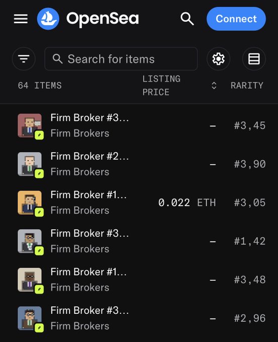 A mobile screenshot of the OpenSea marketplace displaying a collection of 'Firm Brokers' NFT items sorted by rarity, with listing prices in ETH and dollar values, showing 64 items total.