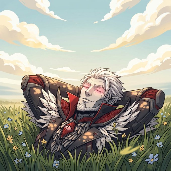An illustration of a white-haired warrior with glowing pink eyes relaxing in a grassy field of wildflowers beneath a cloudy sky.