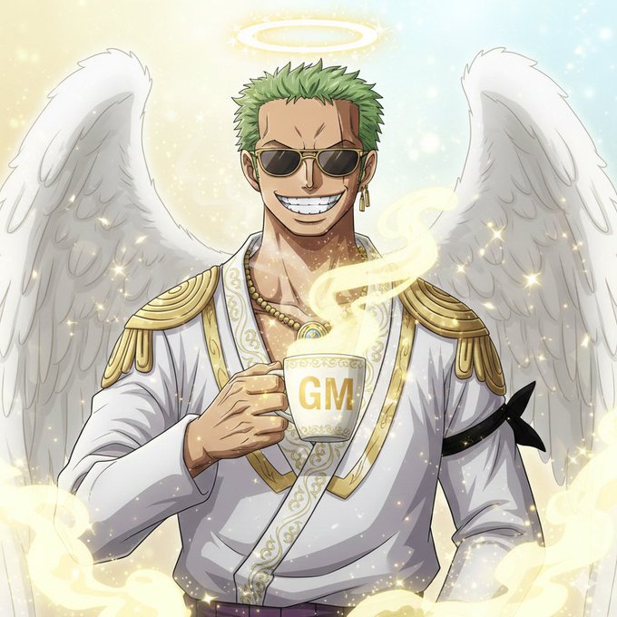 An anime-style illustration of Roronoa Zoro from One Piece depicted as an angel with white wings, a halo, and sunglasses, holding a steaming golden 'GM' (Good Morning) coffee mug.