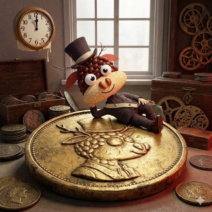 This image only contains objects and there is no text, numbers, or others indicative of traditional financial charts or market data. This image does illustrate the fun of the post, entitled "TGIF Gm to all my mutuals", with "Gm" typically representing "Good Morning." The image is a whimsical blend of elements suggesting timeless wealth and leisure, which possibly ties into the post's playful nod to financial markets and community (mutuals) in a lighter, less formal context. The watermark on the bottom right corner of the image consists of the letters "CP" next to a diamond symbol.