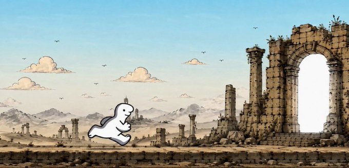 A pixel art or side-scrolling video game scene showing a white cartoon character running through ancient ruins under a blue sky with scattered clouds.