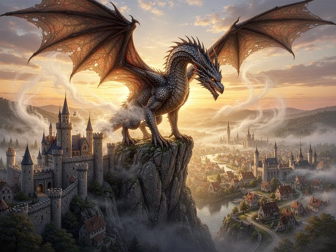 A fantasy digital artwork depicting a large, detailed dragon with outstretched wings perched atop a rocky pinnacle overlooking a medieval castle and misty village at sunset.