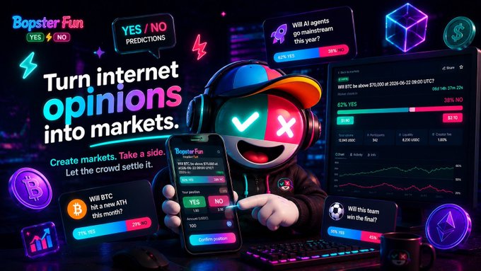 Promotional graphic for 'Bopster Fun', a YES/NO prediction platform featuring a 3D mascot with a checkmark/X face holding a phone, with the tagline 'Turn internet opinions into markets. Create markets. Take a side. Let the crowd settle it.'