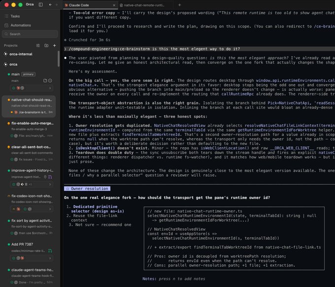 A screenshot of the Orca notes app shows a workspace where an AI assistant analyzes a code error involving `error copy` and native chat runtime issues. The user is using Claude Code to research a pull request design question, with the AI providing detailed feedback on architecture choices and proposing cleaner code alternatives for owner resolution and file path handling.