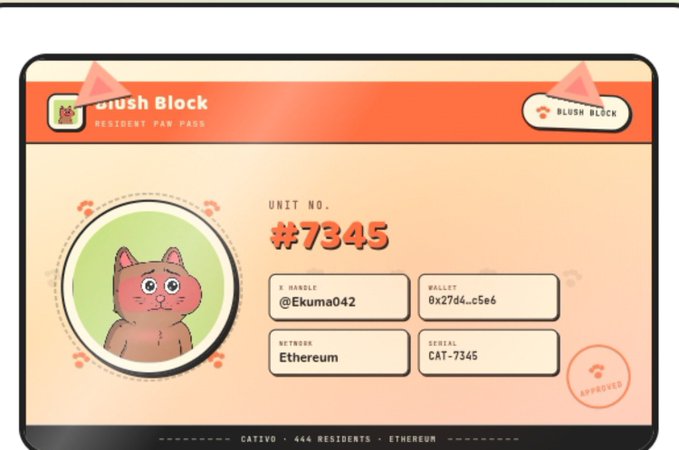 A digital identification card for 'Blush Block' showing Unit No. #7345, a pink cat NFT on the Ethereum network, with wallet address 0x27d4...c5e6 and handle @Ekuma042.