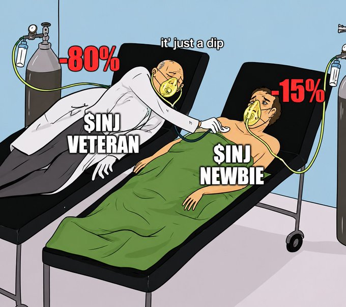 The image features a cartoon depiction of two men lying down in hospital beds with oxygen tanks attached to them. One man has his eyes closed while the other man has his eyes open, suggesting that they are both hooked up to oxygen tanks. The caption at the bottom of the image reads "Happy hump day ct, gm. - wake up - support mutuals - claim my $INJ burn reward - touch grass, maybe." This message seems to be a humorous commentary on the current situation and the challenges faced by those who are ill or injured in hospitals.