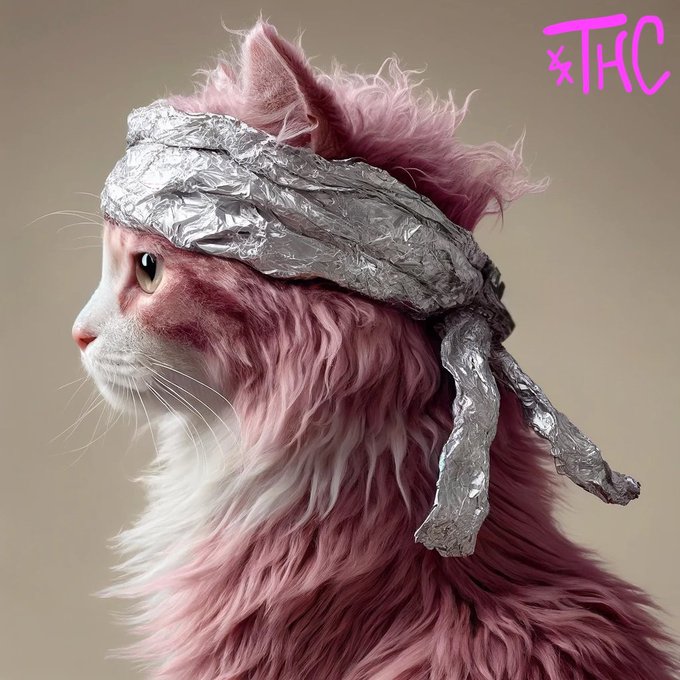 A digital artwork showing a profile view of a fluffy pink cat wearing a crumpled silver foil headwrap, with pink stylized text '★THC' in the upper right corner.