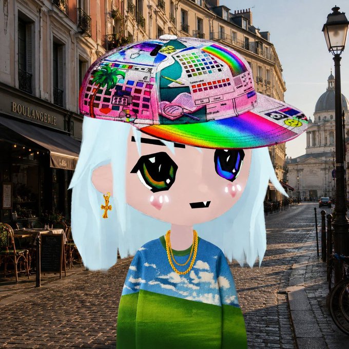 An anime-style chibi character with white hair, rainbow eyes, and a colorful pastel street-art cap stands on a Parisian cobblestone street near a "BOULANGERIE" and a domed cathedral, greeting the crypto community with a cheerful "GM legends" after taking a break from X. The character's playful, vibrant aesthetic pairs with the sunny morning street scene to convey a fresh, optimistic return to posting.