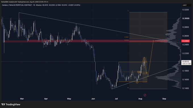 A TradingView daily chart for Cardano (ADA/USDT perpetual contract) on Binance shows the price consolidating in a descending triangle pattern near the $0.2458 resistance zone, with the trader maintaining a short position ahead of the weekend while watching for potential setups in ADA and other altcoins.